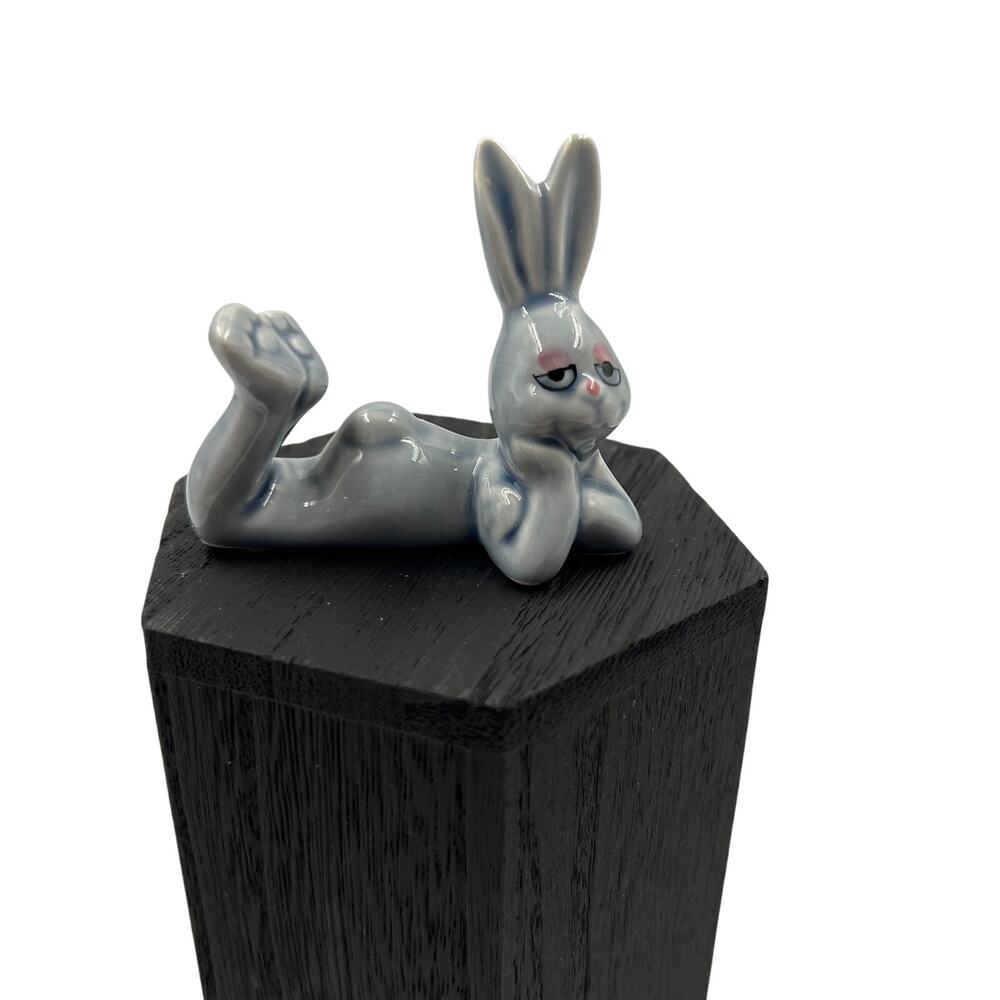 Vintage Porcelain Small Blue Laying Bunny Rabbit Korea Made Knickknack Figurine